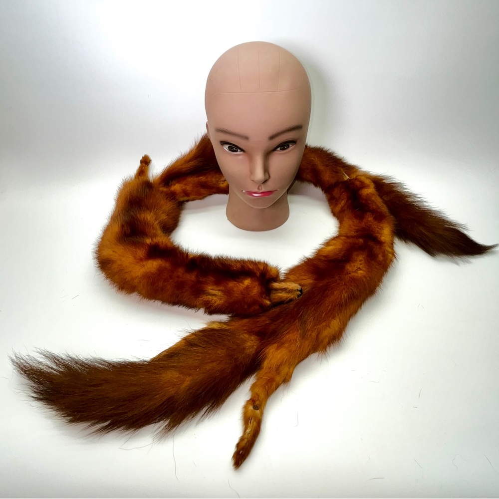 Vintage 55” Brown Mink Fur Full Body 3 Pelt Stole Wrap Scarf Collar 20s 30s 40s